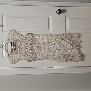 White lace short dress mini cap sleeve cross front wedding rehearsal, bacheloret